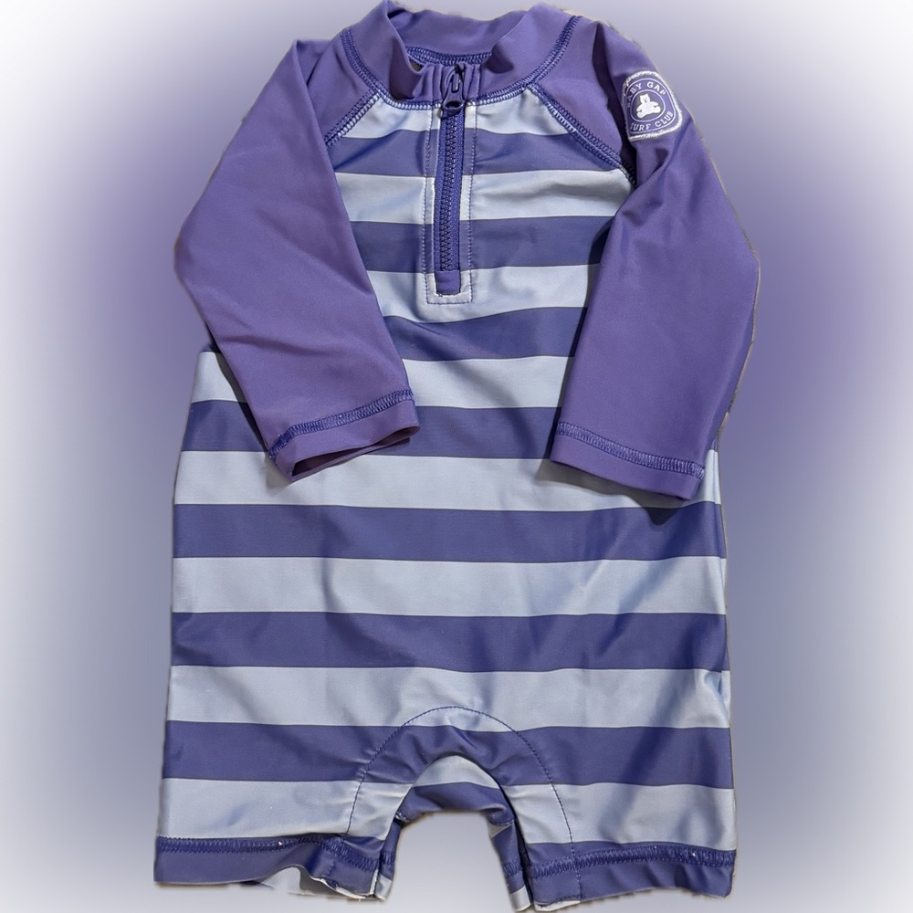 GAP Kids Long-Sleeve Purple Striped Rashguard Swim Suit with hat